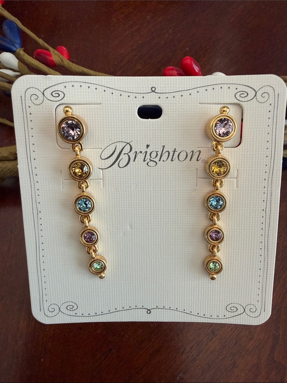 Brighton Twinkle Mod Gold-Tone Multicolor Crystal Linear Drop Earrings, NWT